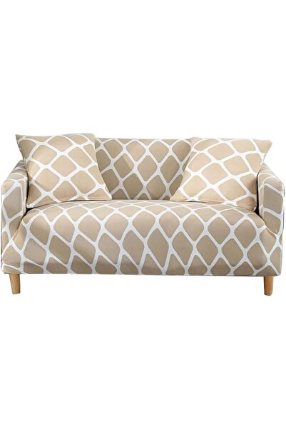 The Bros Printed Sofa Cover, 145-185cm, Elastic Universal Furniture Protector, Apricot Geometry