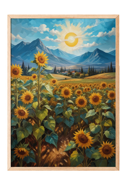 Zestia Tablou de perete cu ramă din lemn, peisaj cu câmpuri de floarea-soarel...