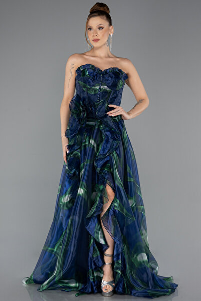 Abiyefon Lacivert Straplez Yırtmaçlı Uzun Mezuniyet Elbisesi ABU5441