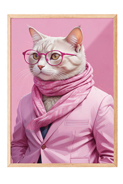 Zestia Tablou de perete cu ramă din lemn, portret de pisică în set roz – Deco...