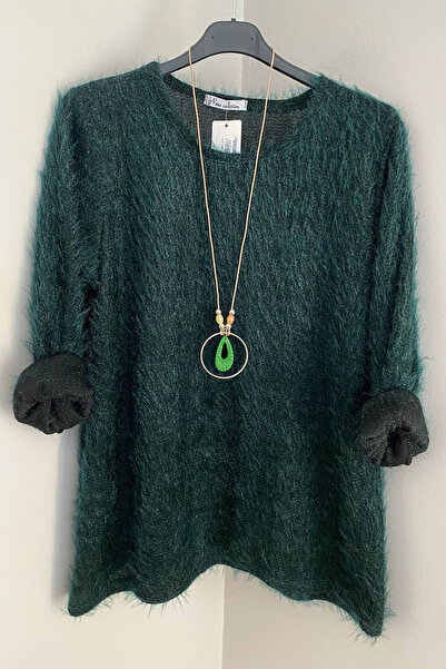 AYASOFYA OTANTIK Bluză pulover tricotată cu barbă, verde italiană, cu gât rotund, pentru femei, cu accesorii pentru colier