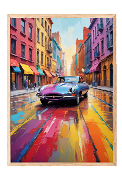 Zestia Tablou de perete cu ramă din lemn, mașină clasică în străzile orașului...