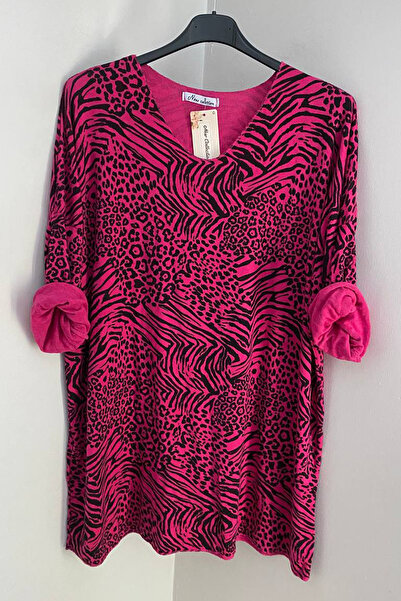 AYASOFYA OTANTIK Women's Italian Fuchsia V-Neck Leopard Zebra Patterned Extra...