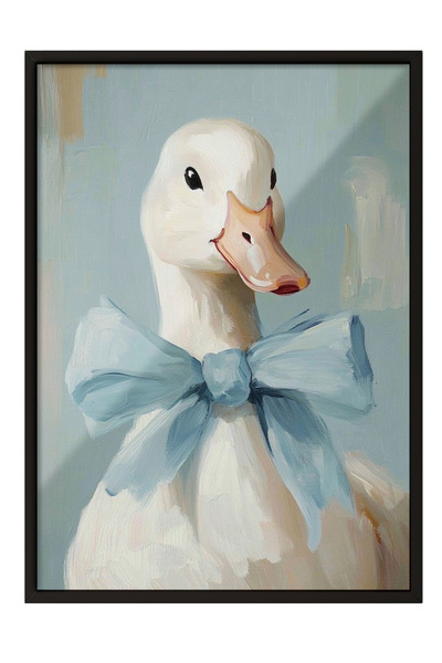 Zestia Стена с черна рамка, синя панделка и сладка патица, маслена живопис, т...
