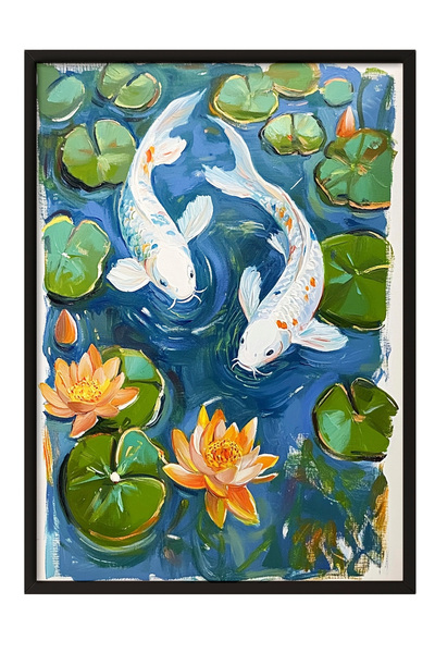 Zestia Pictură de perete înrămată în negru, cu pești Koi și peisaj de iaz cu ...