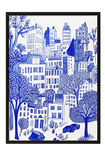Zestia Ζωγραφική τοίχου με μαύρο πλαίσιο, μπλε σχέδιο με θέμα τον αστικό τοπί...