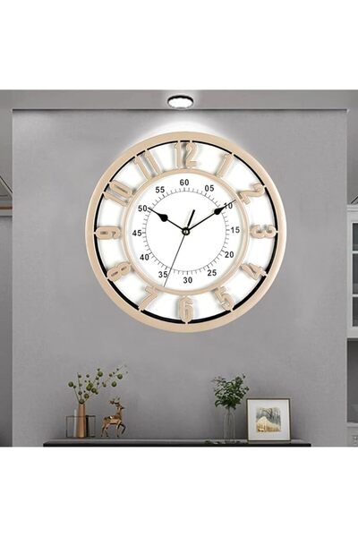 The Bros ساعة حائط، 31 سم، صامتة لا تصدر صوت تكتكة (بيج)