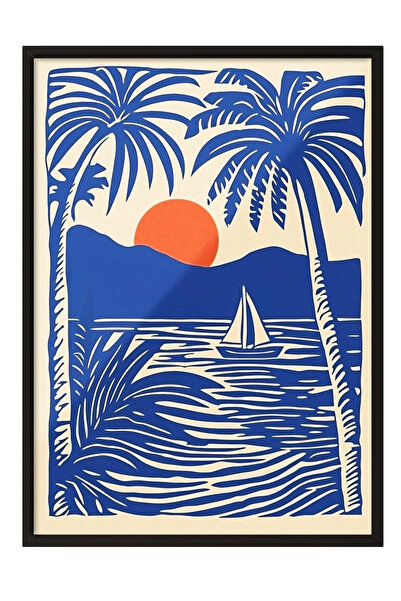 Zestia Черна рамка за стена с изображение на синьо-оранжево палмово дърво и в...