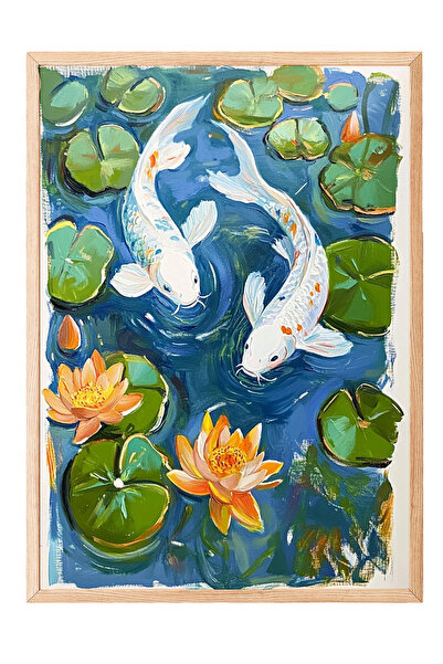 Zestia Ζωγραφική τοίχου με ξύλινο πλαίσιο, Ψάρια Κόι και Λουλούδια Λωτού, Τοπ...