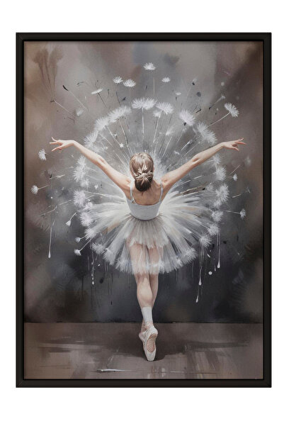 Zestia Siyah Çerçeveli Duvar Tablosu Zarif Balerin Silueti – Uçuşan Karahindiba Detayları Salon Dekoru