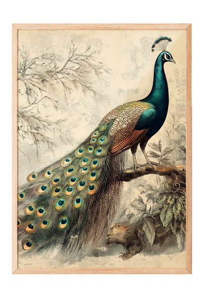 Zestia Tablou de perete cu ramă din lemn, decor pentru sufragerie cu păuni no...