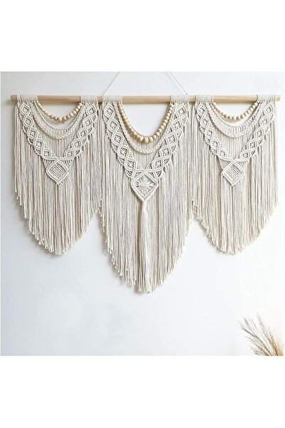 The Bros لوحة جدارية كبيرة من المكرمية 43×32 نسيج بوهيمي منسوج يدويًا (خرز خشبي)