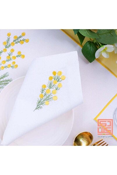 Dakakeen Concept طقم طعام فاخر من دكاكين الخير - طقم مفارش ومناديل قابلة للغسل بتصميم زهرة الميموزا - 1