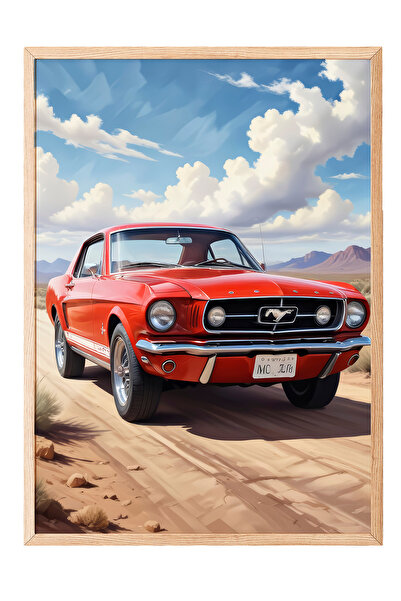 Zestia Tablou de perete cu ramă din lemn, Mustang clasic roșu – Drumul deșert...