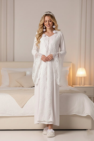 BLACKMORE Kadın Ekru Özel Dantelli Baby Shower Tasarım Lohusa Hamile Gecelik-...