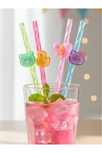 Flower Toys Ayıcıklı Renkli Hayvan Figürlü Parlak Mika Parti Pipet 4'lü Yıkanabilir Pipet