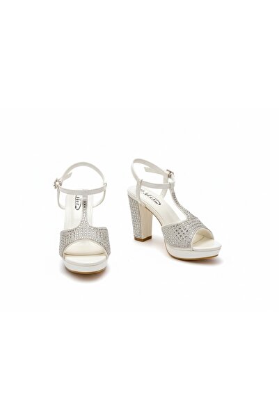 BST Women's evening shoes with a wide heel, zircon at the front and on the heel at the back.