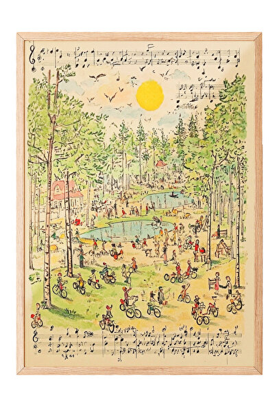 Zestia Tablou de perete cu ramă din lemn, note muzicale și peisaj de parc, de...