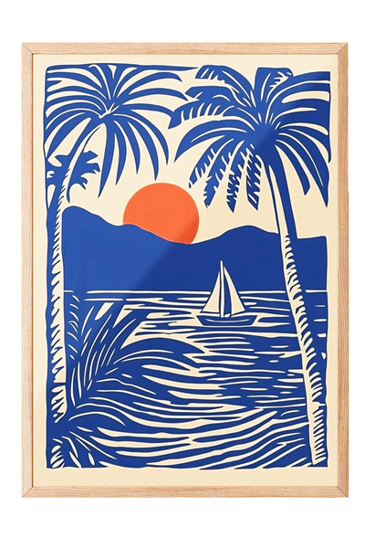 Zestia Tablou de perete cu ramă din lemn, palmier albastru portocaliu și barc...
