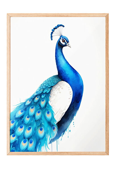 Zestia Tablou de perete cu ramă din lemn, ilustrație rafinată cu păun albastr...