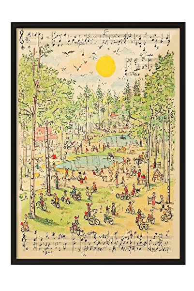 Zestia Tablou de perete înrămat negru cu note muzicale și peisaj de parc Deco...