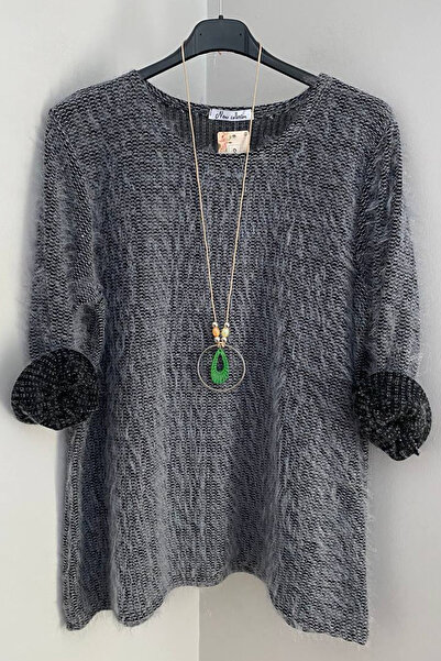 AYASOFYA OTANTIK Bluză pulover pentru femei, gri italian, cu gât rotund, cu accesorii pentru colier, tricotaje casual cu barbă