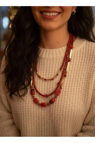 Dorvina Bordo Akrilik Boncuk 3 Sıra Bijuteri Tasarım Kadın Kolye Takı