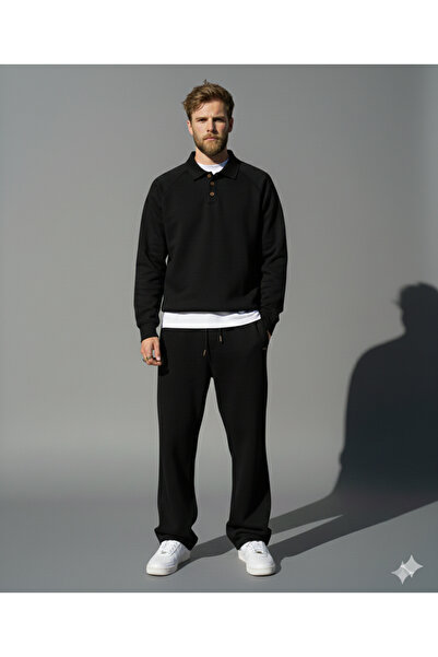 NİCE Düğmeli Polo Yaka Oversize Baggy Eşofman Takımı-Kışlık Kalın 3iplik Şardonlu Bol Paça-Alt Üst Takım