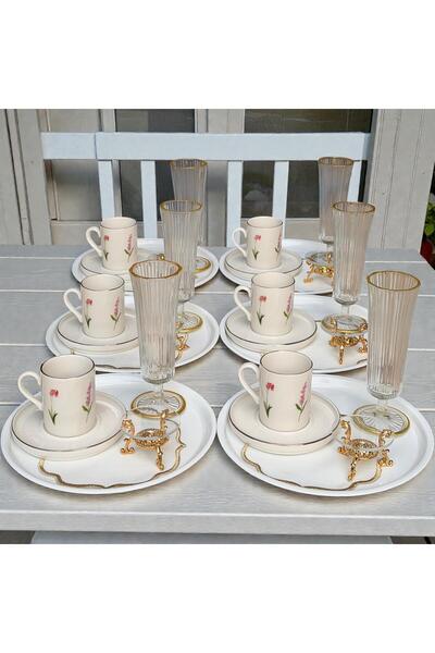 Hediye Köşkü Lavanta Desenli 36 parça 6 Kişilik Kahve Sunum Seti