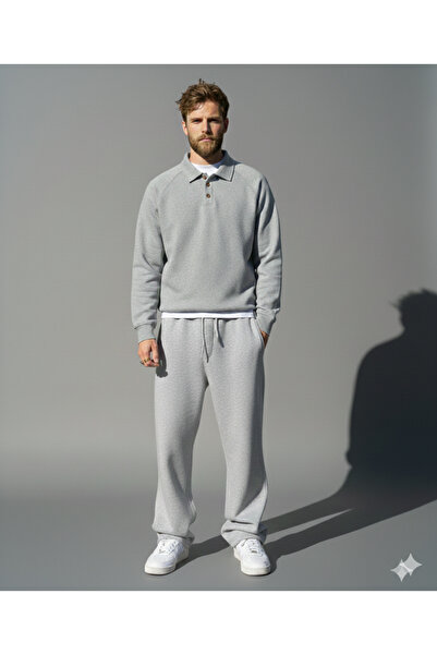 NİCE Buttoned Polo Neck Oversized Baggy Tracksuit Set-Winter Thick 3-Thread Fleece-Lined Wide Leg-Bottom Top Set