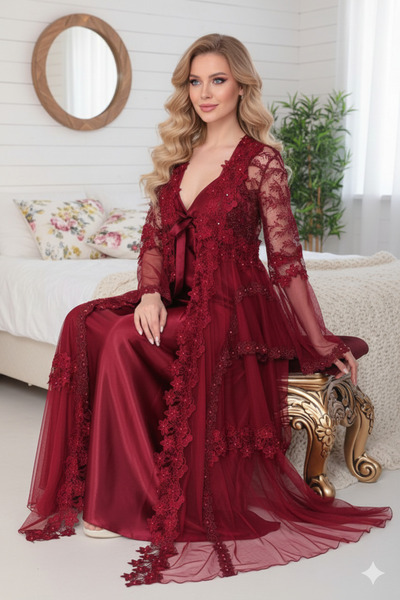 Lohussa Kadın Bordo Lüx Kutulu Özel Tasarım İnci Taşlı Saten Gecelik Tül Sabahlıklı Iç Giyim Çeyiz Seti