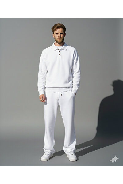 NİCE Buttoned Polo Neck Oversized Baggy Tracksuit Set-Winter Thick 3-Thread Fleece-Lined Wide Leg-Bottom Top Set