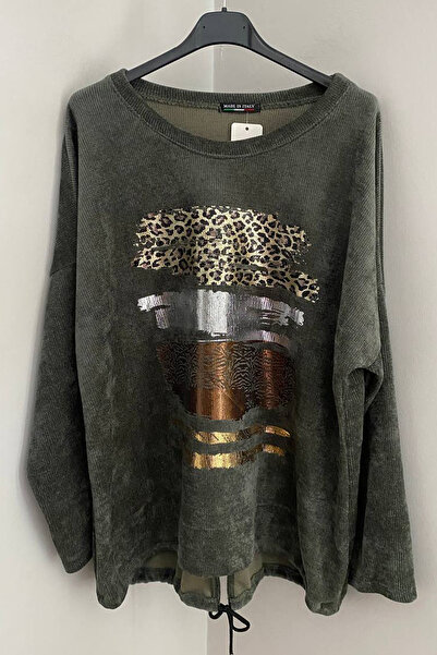 AYASOFYA OTANTIK Bluză din catifea pentru femei, kaki italian, cu gât rotund,...