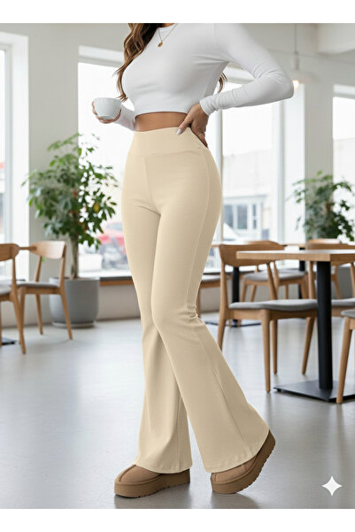 EQRUO TEKSTİL KADIN YÜKSEK BEL RAHAT ESNEK İSPANYOL PAÇA SCUBA CREP TAYT PANTOLON