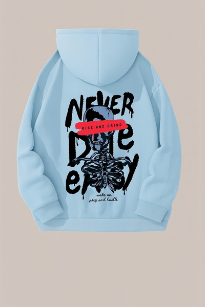 CLASSY.MODA Унисекс уголемен с качулка Never Die Rise and Grind, текст за ске...