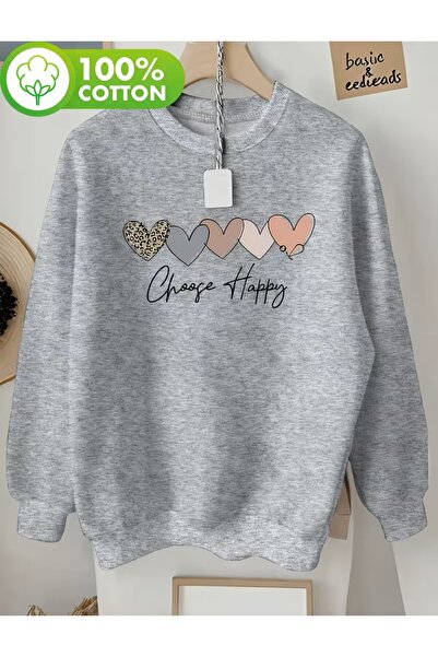 LELVANİ Φούτερ με στάμπα καρδιάς και σύνθημα Happy Choice