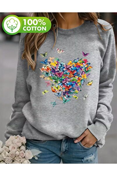 LELVANİ سويت شيرت ملون بدون قلنسوة على شكل قلب على شكل فراشة