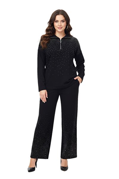 lavella Women's Black Half Zipper Stone Tracksuit Set Bgl-St05083