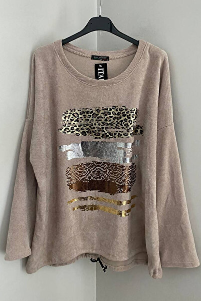 AYASOFYA OTANTIK Bluză din catifea pentru femei, bej italian, cu gât rotund, model leopard/zebră supradimensionat