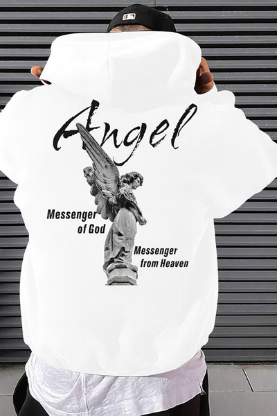 CLASSY.MODA سويت شيرت للجنسين قصة فضفاضة بغطاء رأس مزين برسومات ملائكة وكتابة...