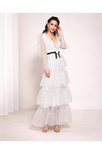 MsfashionX Elegant Long Tulle Evening Dress with Polka Dot Pattern and Waist ...