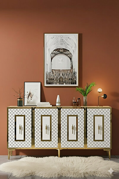 YUMEDİ DESİGN KA1510DBG - DURU KONSOL, TV SEHPASI, ÇOK AMAÇLI DOLAP ve KAHVE KÖŞESİ 150cm SAFİRMEŞE-BEYAZ-GOLD