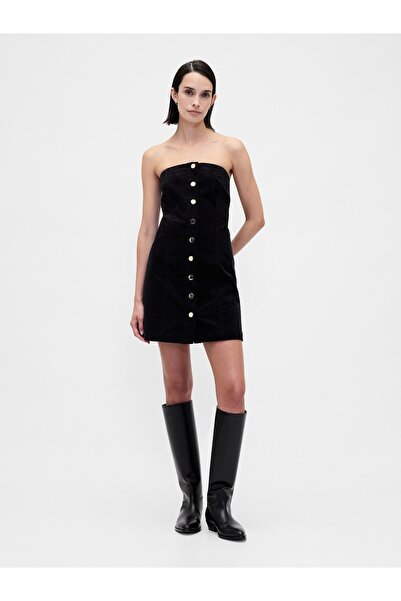 GAP Kadın Siyah Corduroy Strapless Mini Elbise