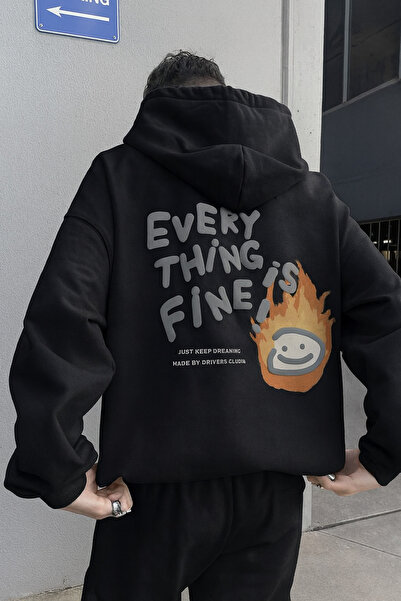 CLASSY.MODA سويت شيرت للجنسين قصة فضفاضة بغطاء رأس Everything Is Fine بطباعة ...