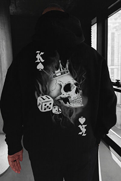 CLASSY.MODA Unisex Oversize Kapüşonlu King Skull Taç Zar Desenli Kupa Sembol ...