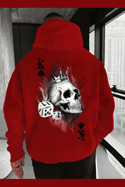 CLASSY.MODA Unisex supradimensionat cu glugă King Skull Crown Dice Pattern Mug Symbol cu imprimeu Streetwear Swea tricou