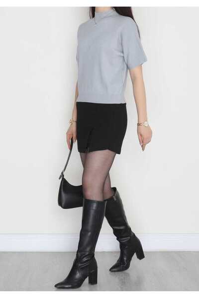 f.kereci Kısa Kollu Dar Kalıp Triko Bluz - Açık Gri