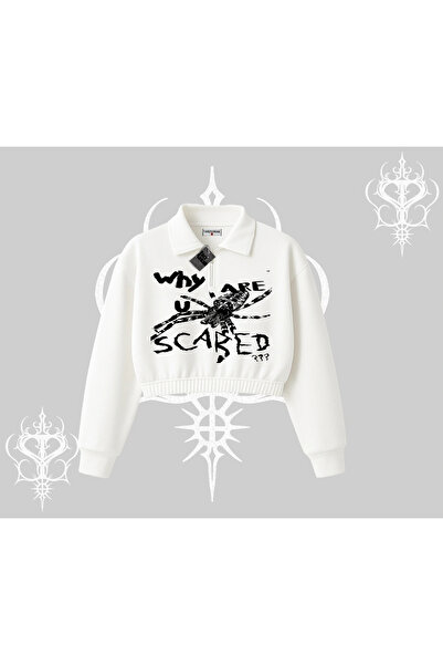 Tarzsokak Hanorac alb cu jumătate de fermoar, model Crop, cu imprimeu „Why ar...