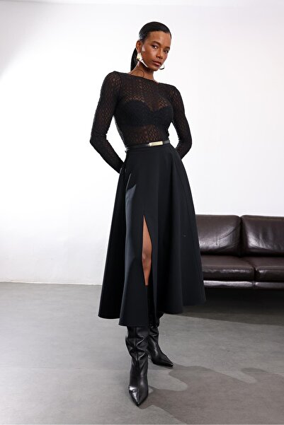 5in1Canpolat Siyah Yırtmaçlı Godeli Etek 05175