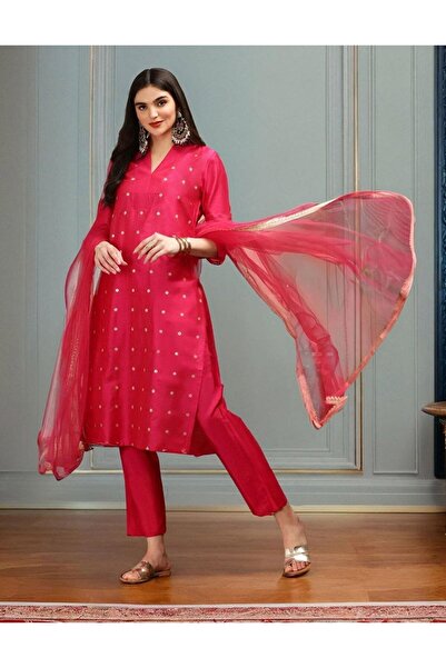 Ishin By Styli Pink Polka Dot Kurta with Pant and Dupatta Set